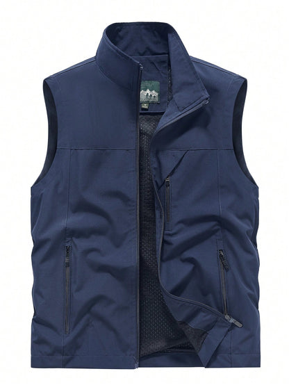 Men's Sleeveless Stand Collar Vest Jacket, Lightweight, Multi-Pocket, Spring & Autumn Black Summer Sports