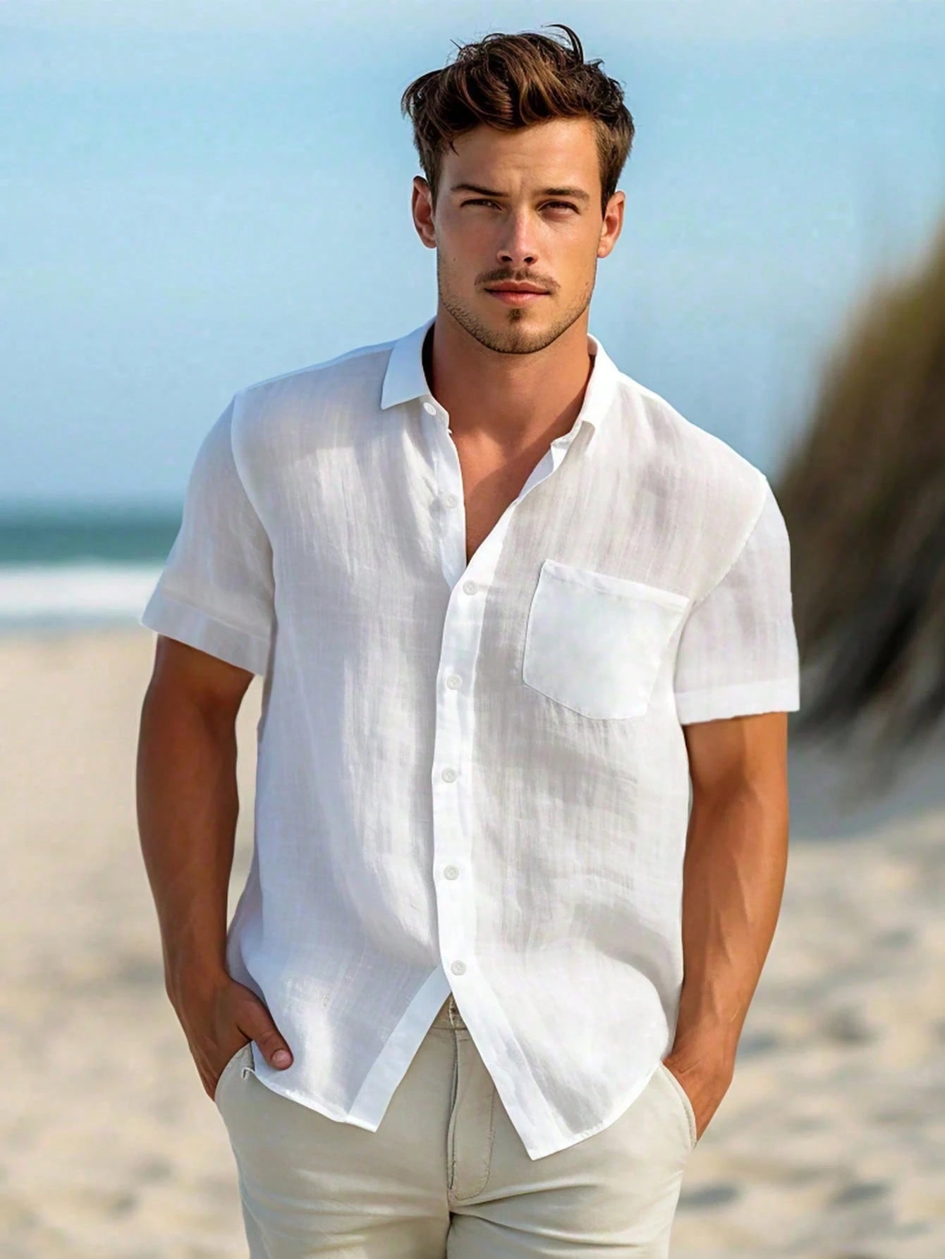 Men's Solid Color Casual Shirt, Short Sleeve Shacket, White Fashion Shirt, Hawaiian Resort Beach Shirt, Effortless Style