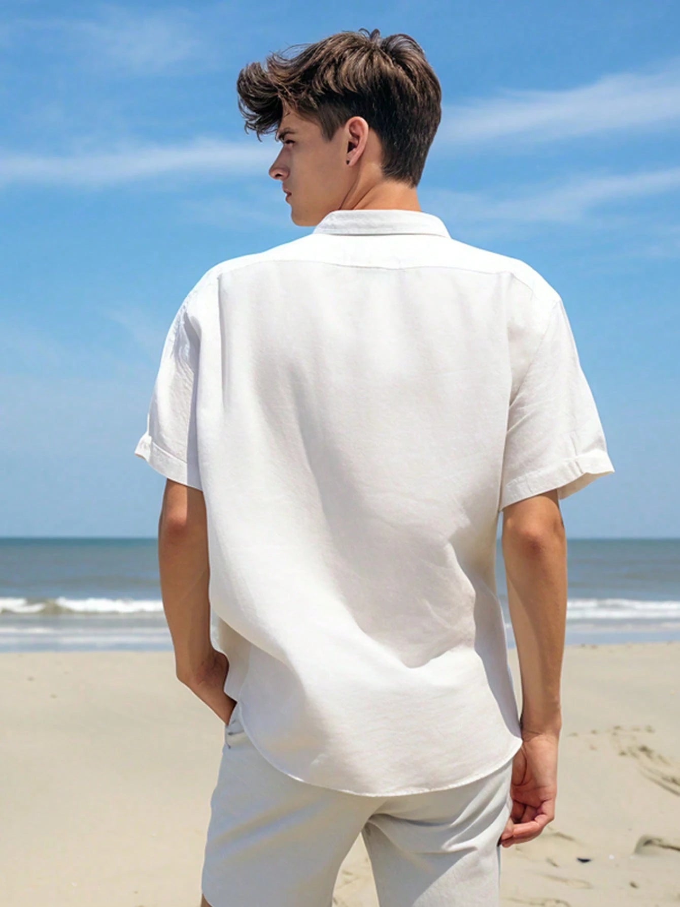 Men's Solid Color Casual Shirt, Short Sleeve Shacket, White Fashion Shirt, Hawaiian Resort Beach Shirt, Effortless Style