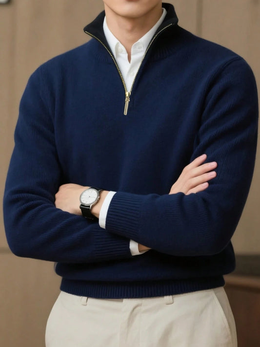 Men's Solid Color Long Sleeve Casual Versatile Loose Comfortable Zip-Up Stand Collar Sweater