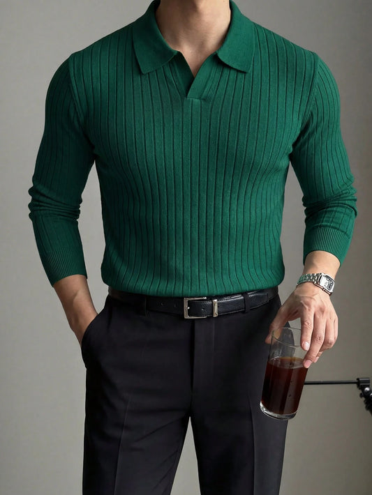 Men's Solid Color Ribbed Vertical Ribbed Collared Knit Sweater, Simple And Versatile Long Sleeve Top