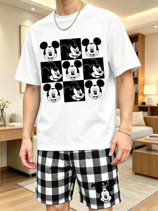 Men's Summer Disney Mickey Mouse 9-Grid Print Loungewear Set, Casual T-Shirt And Plaid Shorts 2 Pieces Set
