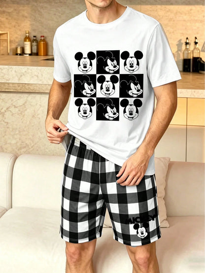 Men's Summer Disney Mickey Mouse 9-Grid Print Loungewear Set, Casual T-Shirt And Plaid Shorts 2 Pieces Set