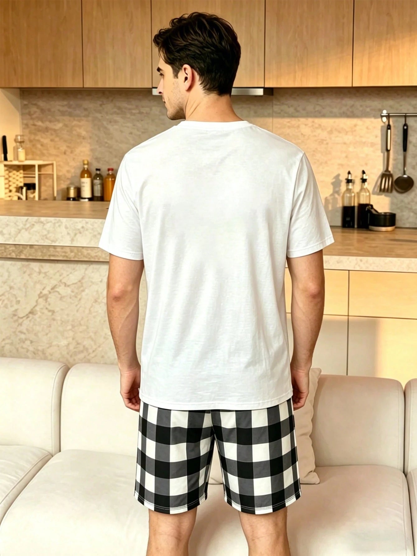 Men's Summer Disney Mickey Mouse 9-Grid Print Loungewear Set, Casual T-Shirt And Plaid Shorts 2 Pieces Set
