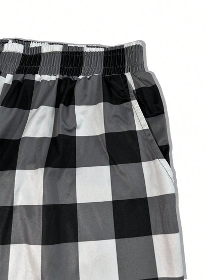 Men's Summer Disney Mickey Mouse 9-Grid Print Loungewear Set, Casual T-Shirt And Plaid Shorts 2 Pieces Set