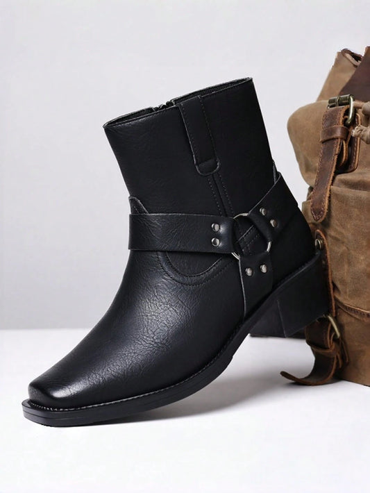 Men's Western Faux Leather Ankle Boots, Square Toe Metal Studded Harness Booties With Side Zipper Block Heel, Non-Slip Comfort Casual Cowboy Footwear