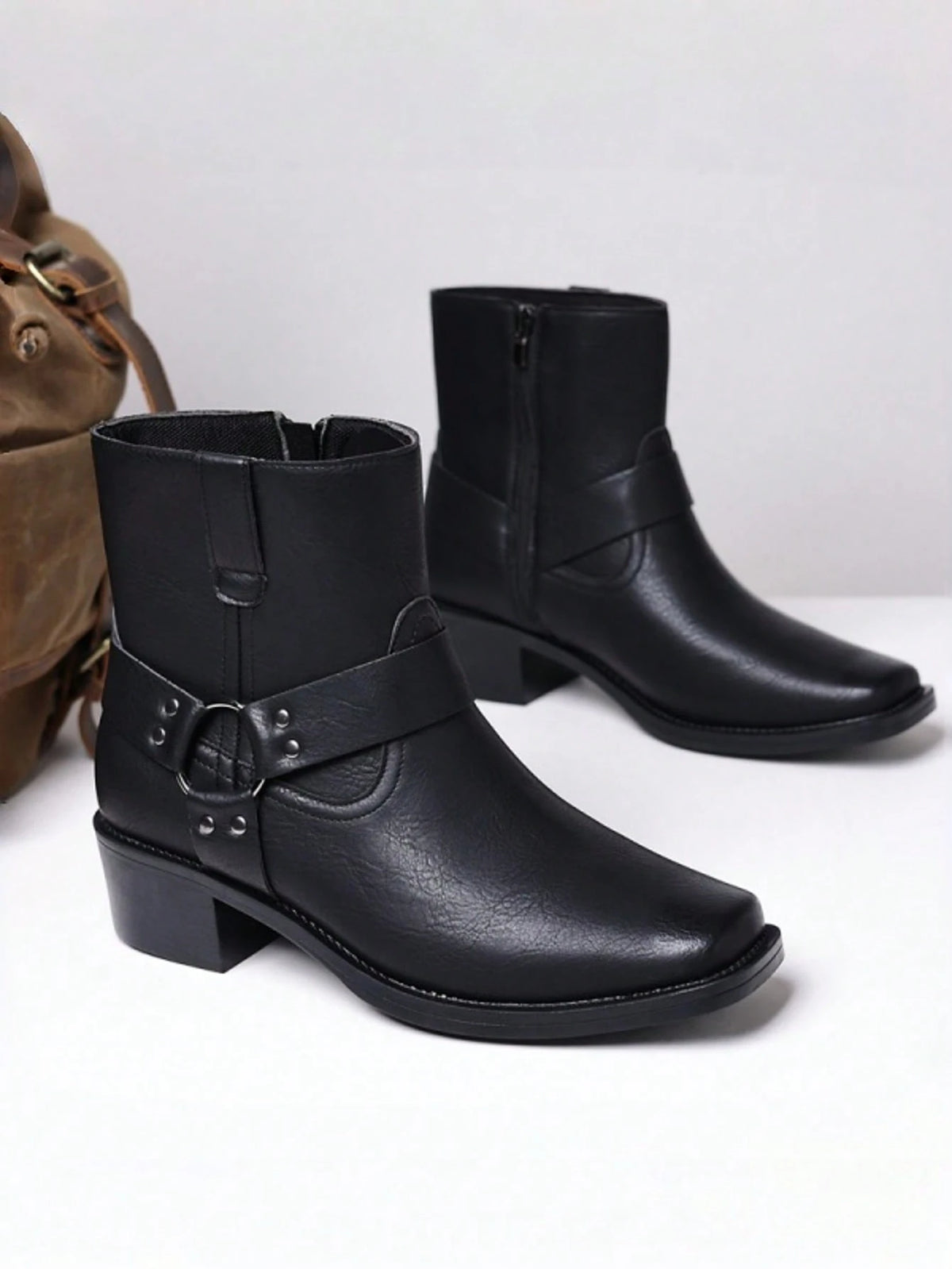 Men's Western Faux Leather Ankle Boots, Square Toe Metal Studded Harness Booties With Side Zipper Block Heel, Non-Slip Comfort Casual Cowboy Footwear