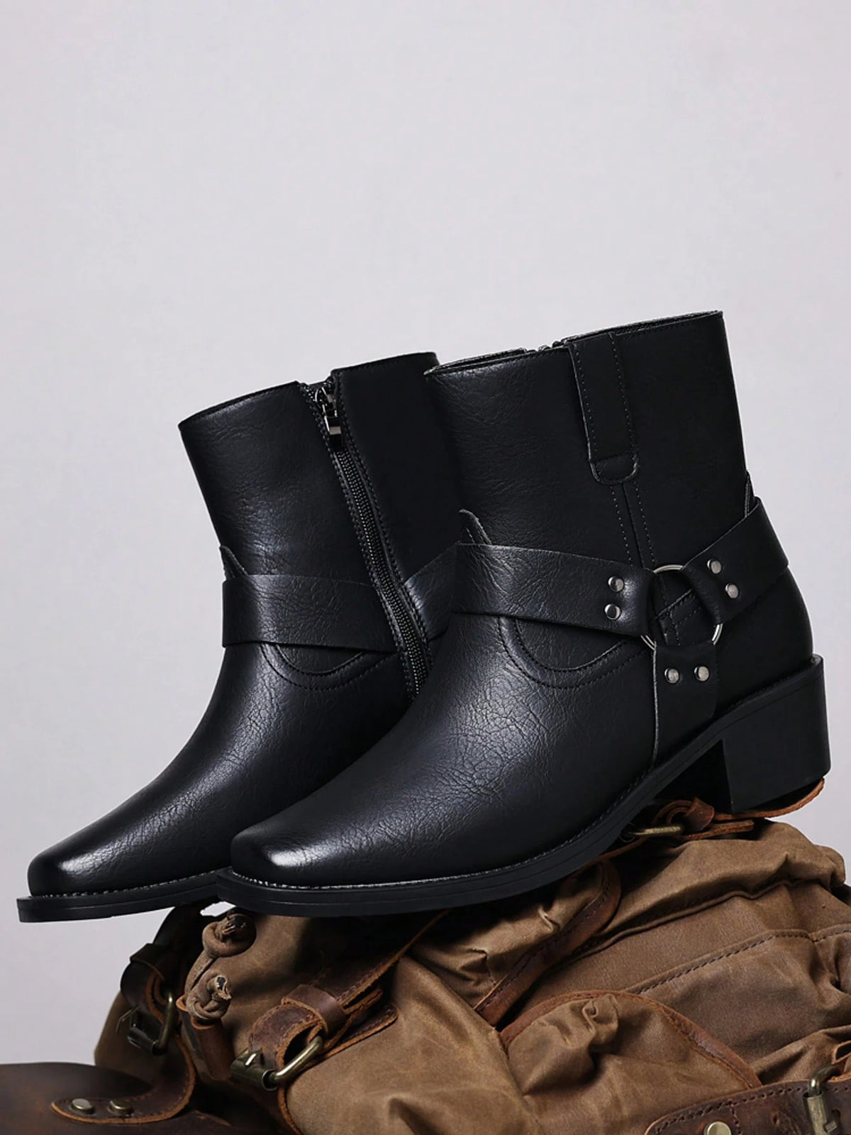Men's Western Faux Leather Ankle Boots, Square Toe Metal Studded Harness Booties With Side Zipper Block Heel, Non-Slip Comfort Casual Cowboy Footwear