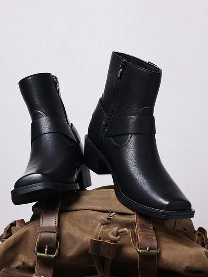 Men's Western Faux Leather Ankle Boots, Square Toe Metal Studded Harness Booties With Side Zipper Block Heel, Non-Slip Comfort Casual Cowboy Footwear