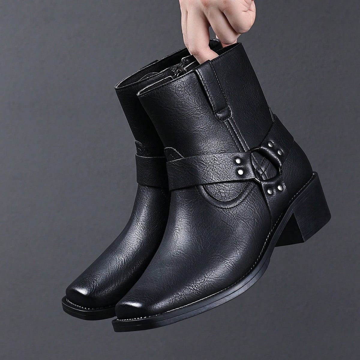 Men's Western Faux Leather Ankle Boots, Square Toe Metal Studded Harness Booties With Side Zipper Block Heel, Non-Slip Comfort Casual Cowboy Footwear