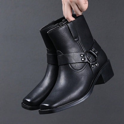Men's Western Faux Leather Ankle Boots, Square Toe Metal Studded Harness Booties With Side Zipper Block Heel, Non-Slip Comfort Casual Cowboy Footwear
