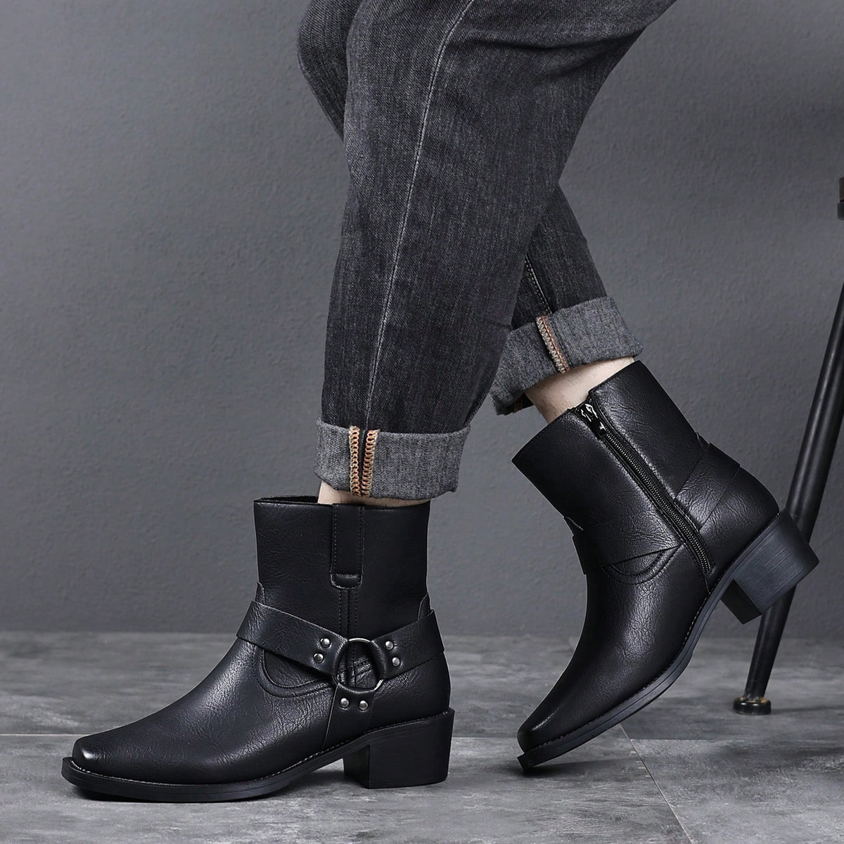 Men's Western Faux Leather Ankle Boots, Square Toe Metal Studded Harness Booties With Side Zipper Block Heel, Non-Slip Comfort Casual Cowboy Footwear