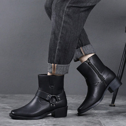 Men's Western Faux Leather Ankle Boots, Square Toe Metal Studded Harness Booties With Side Zipper Block Heel, Non-Slip Comfort Casual Cowboy Footwear