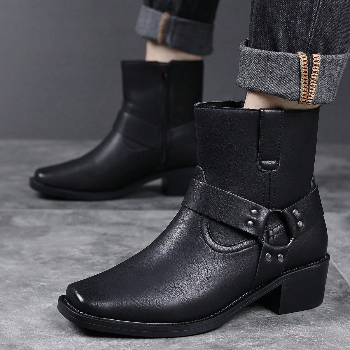 Men's Western Faux Leather Ankle Boots, Square Toe Metal Studded Harness Booties With Side Zipper Block Heel, Non-Slip Comfort Casual Cowboy Footwear