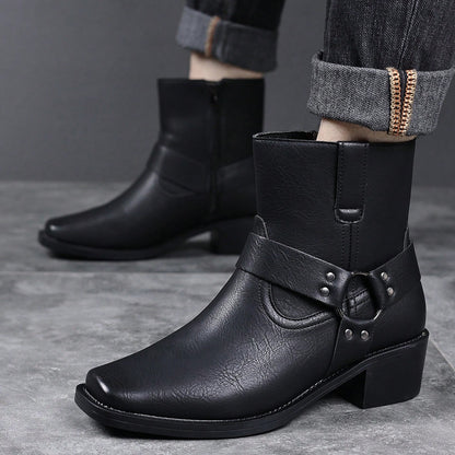 Men's Western Faux Leather Ankle Boots, Square Toe Metal Studded Harness Booties With Side Zipper Block Heel, Non-Slip Comfort Casual Cowboy Footwear