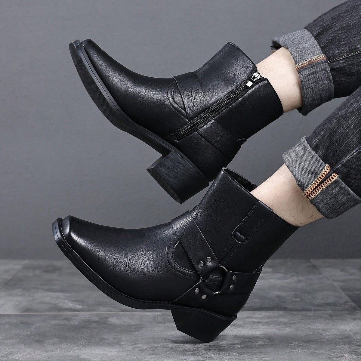 Men's Western Faux Leather Ankle Boots, Square Toe Metal Studded Harness Booties With Side Zipper Block Heel, Non-Slip Comfort Casual Cowboy Footwear