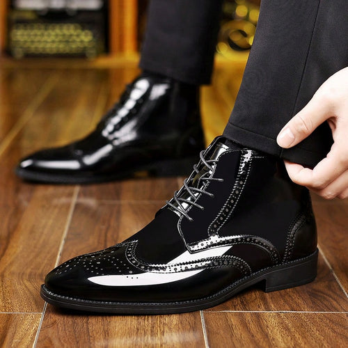 Mens Glossy Colorblock Ankle Dress Boots Lace Up Brogue Wingtip Pointed Toe PU Upper Low Heel Formal Shoes For Office Wedding Party And Evening Wear