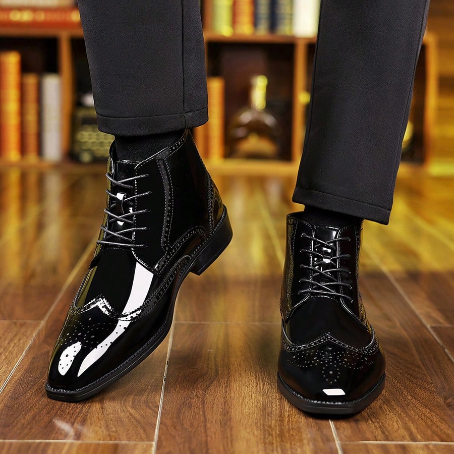 Mens Glossy Colorblock Ankle Dress Boots Lace Up Brogue Wingtip Pointed Toe PU Upper Low Heel Formal Shoes For Office Wedding Party And Evening Wear