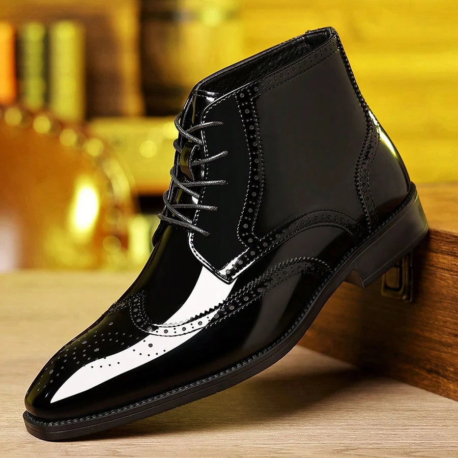 Mens Glossy Colorblock Ankle Dress Boots Lace Up Brogue Wingtip Pointed Toe PU Upper Low Heel Formal Shoes For Office Wedding Party And Evening Wear