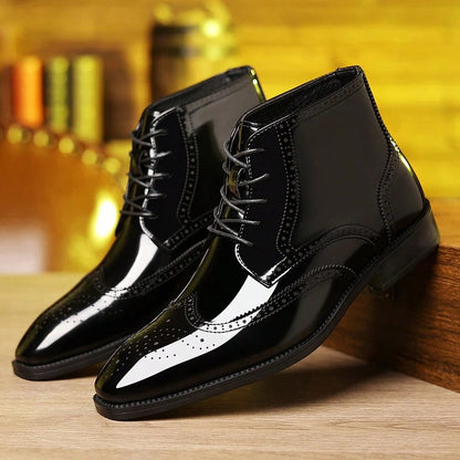 Mens Glossy Colorblock Ankle Dress Boots Lace Up Brogue Wingtip Pointed Toe PU Upper Low Heel Formal Shoes For Office Wedding Party And Evening Wear