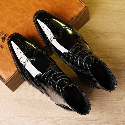 Mens Glossy Colorblock Ankle Dress Boots Lace Up Brogue Wingtip Pointed Toe PU Upper Low Heel Formal Shoes For Office Wedding Party And Evening Wear
