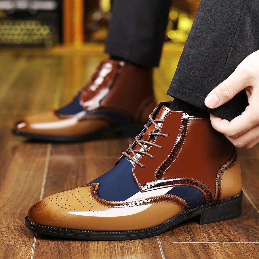 Mens Glossy Colorblock Ankle Dress Boots Lace Up Brogue Wingtip Pointed Toe PU Upper Low Heel Formal Shoes For Office Wedding Party And Evening Wear