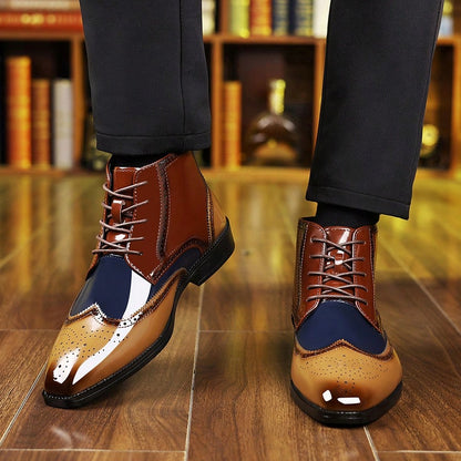 Mens Glossy Colorblock Ankle Dress Boots Lace Up Brogue Wingtip Pointed Toe PU Upper Low Heel Formal Shoes For Office Wedding Party And Evening Wear