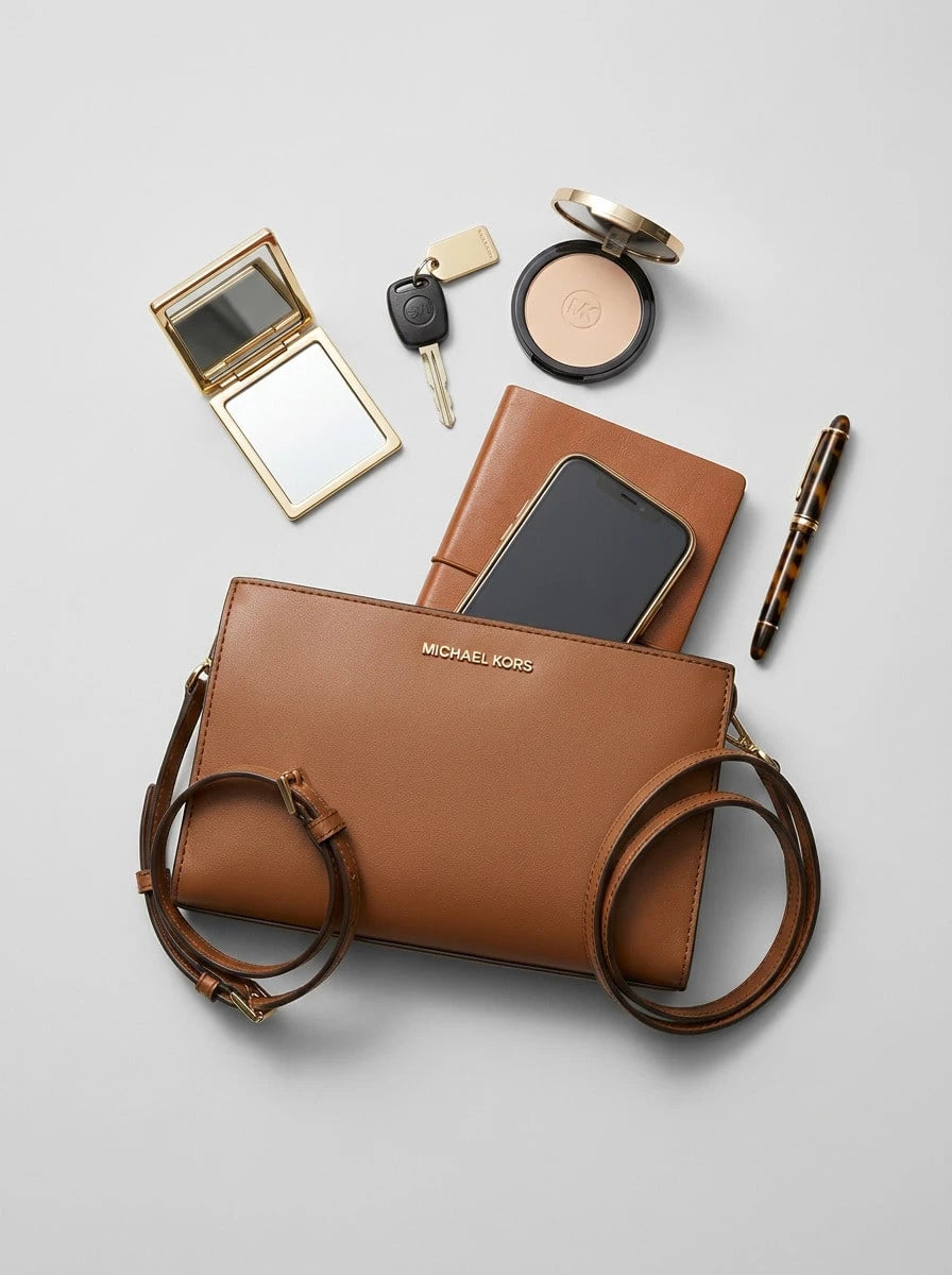 Michael Kors Sheila Women's Faux Saffiano Leather Crossbody Bag For Women Luggage Brown Small Purse 2-Way Clutch With Detachable Strap Gold Hardware 35S3G6HC5L