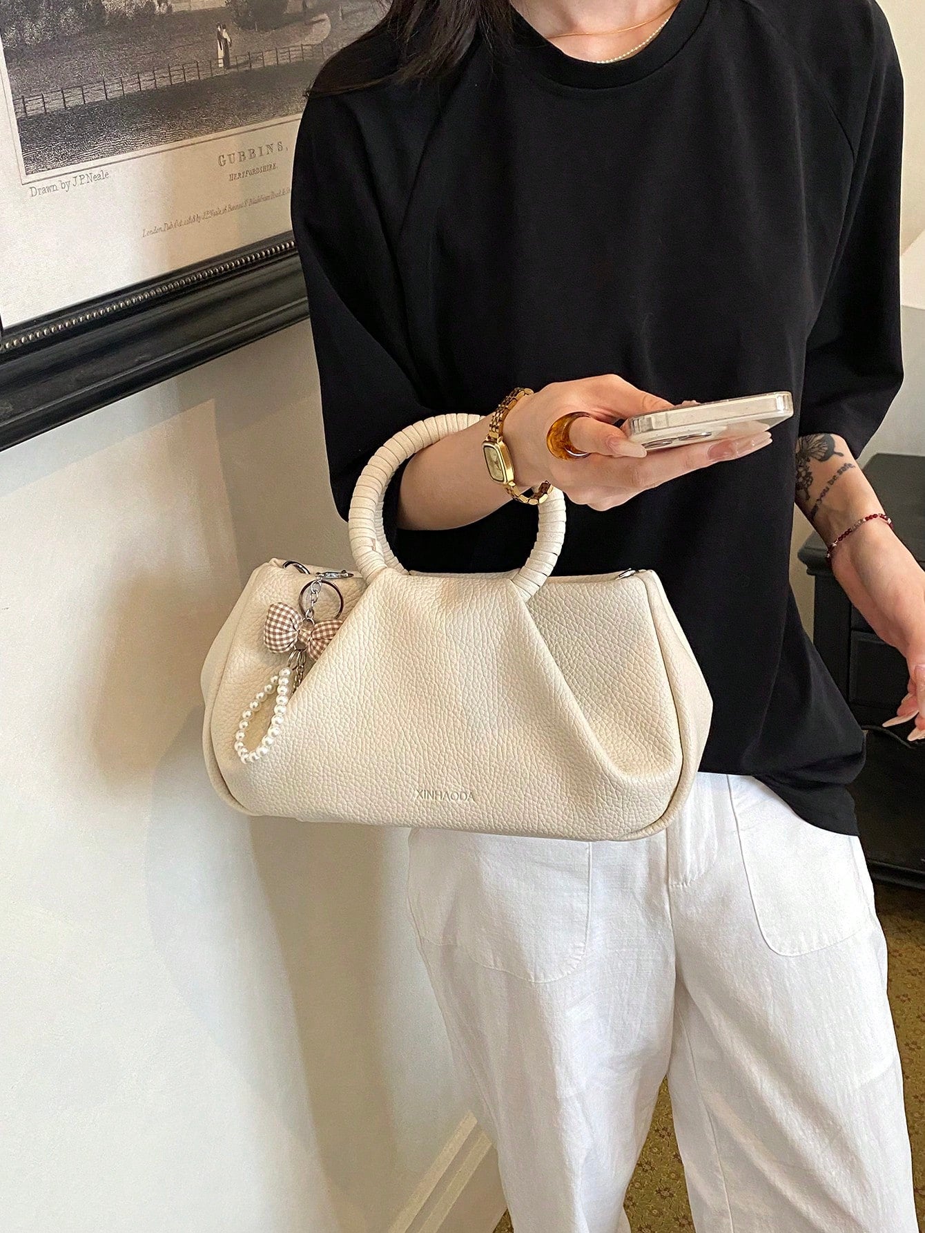 Milk White Artificial Leather Mini Pillow Bag Metal Ring Simple Commuting Can Be Cross-Body Small Niche High-End Shoulder Bag For Women