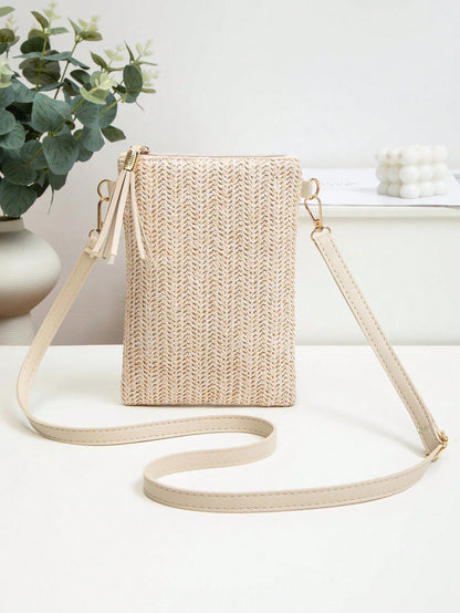 Mini Crossbody Bag For Women, Handwoven Cross-Body Bag, Solid Color Portable Handbag, French Casual Tassel Decor Bag, Large Capacity Multi-Function Zipper Shoulder Strap Bag, Travel Shopping Bag, Dail