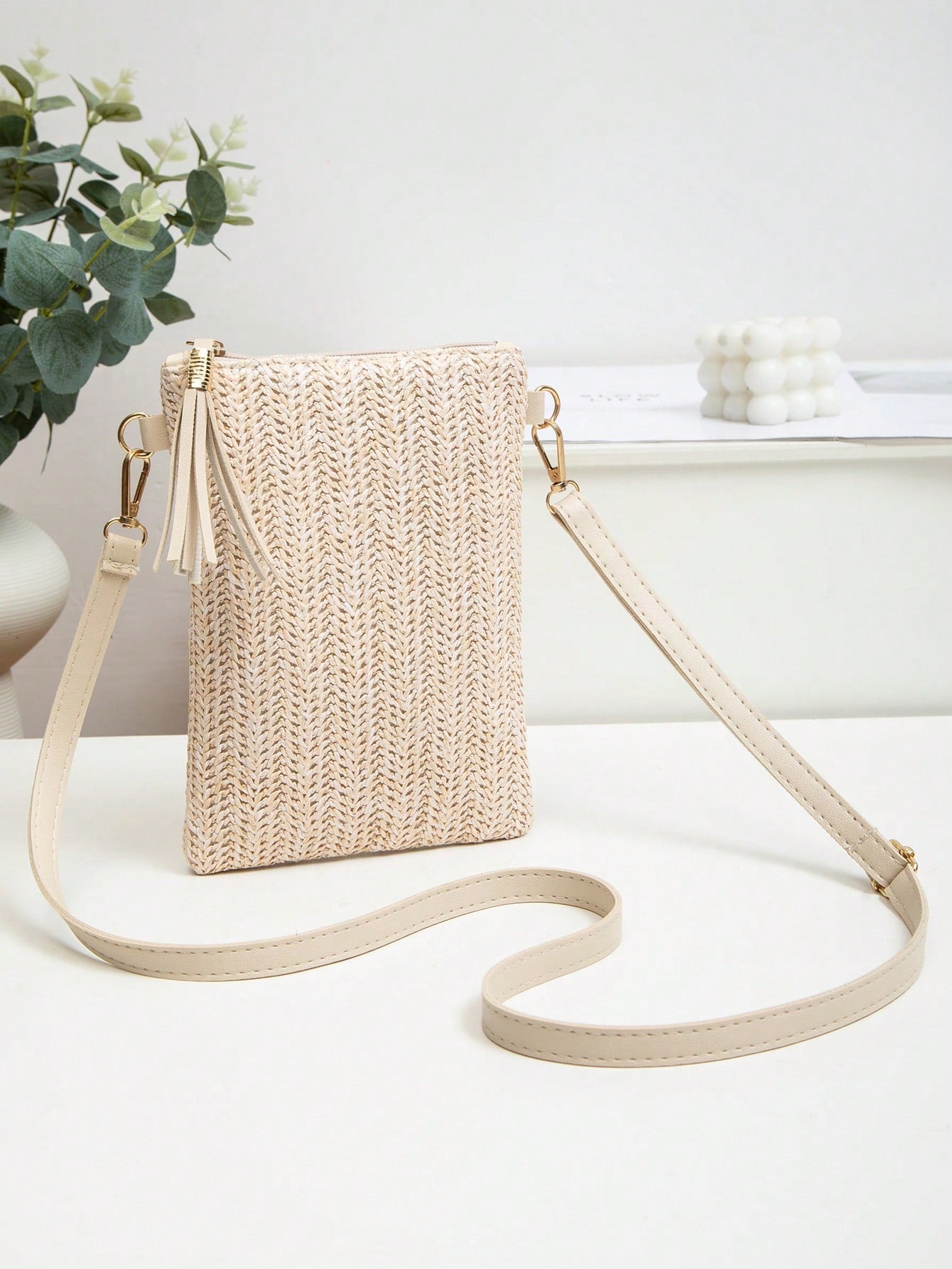 Mini Crossbody Bag For Women, Handwoven Cross-Body Bag, Solid Color Portable Handbag, French Casual Tassel Decor Bag, Large Capacity Multi-Function Zipper Shoulder Strap Bag, Travel Shopping Bag, Dail