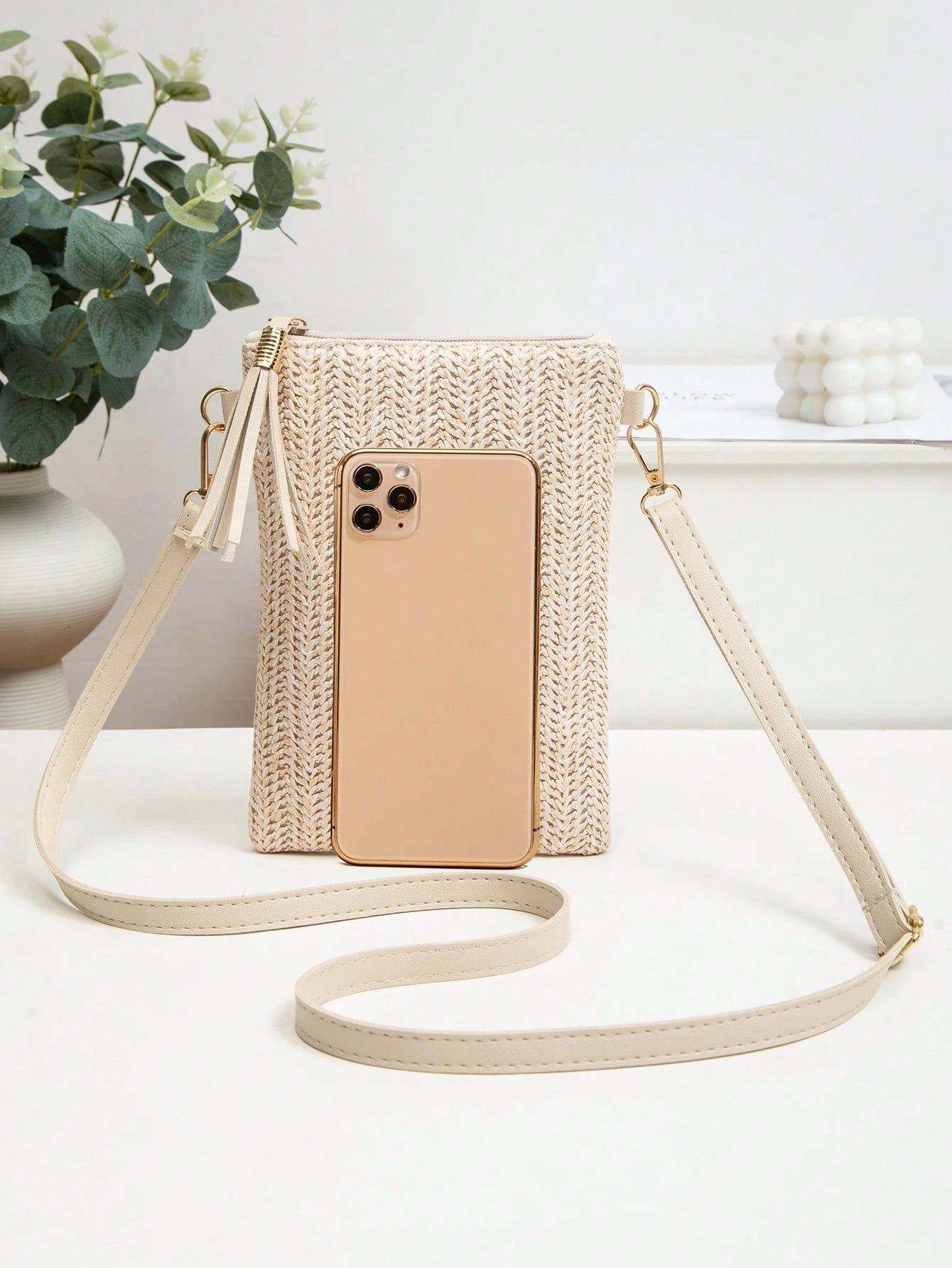 Mini Crossbody Bag For Women, Handwoven Cross-Body Bag, Solid Color Portable Handbag, French Casual Tassel Decor Bag, Large Capacity Multi-Function Zipper Shoulder Strap Bag, Travel Shopping Bag, Dail