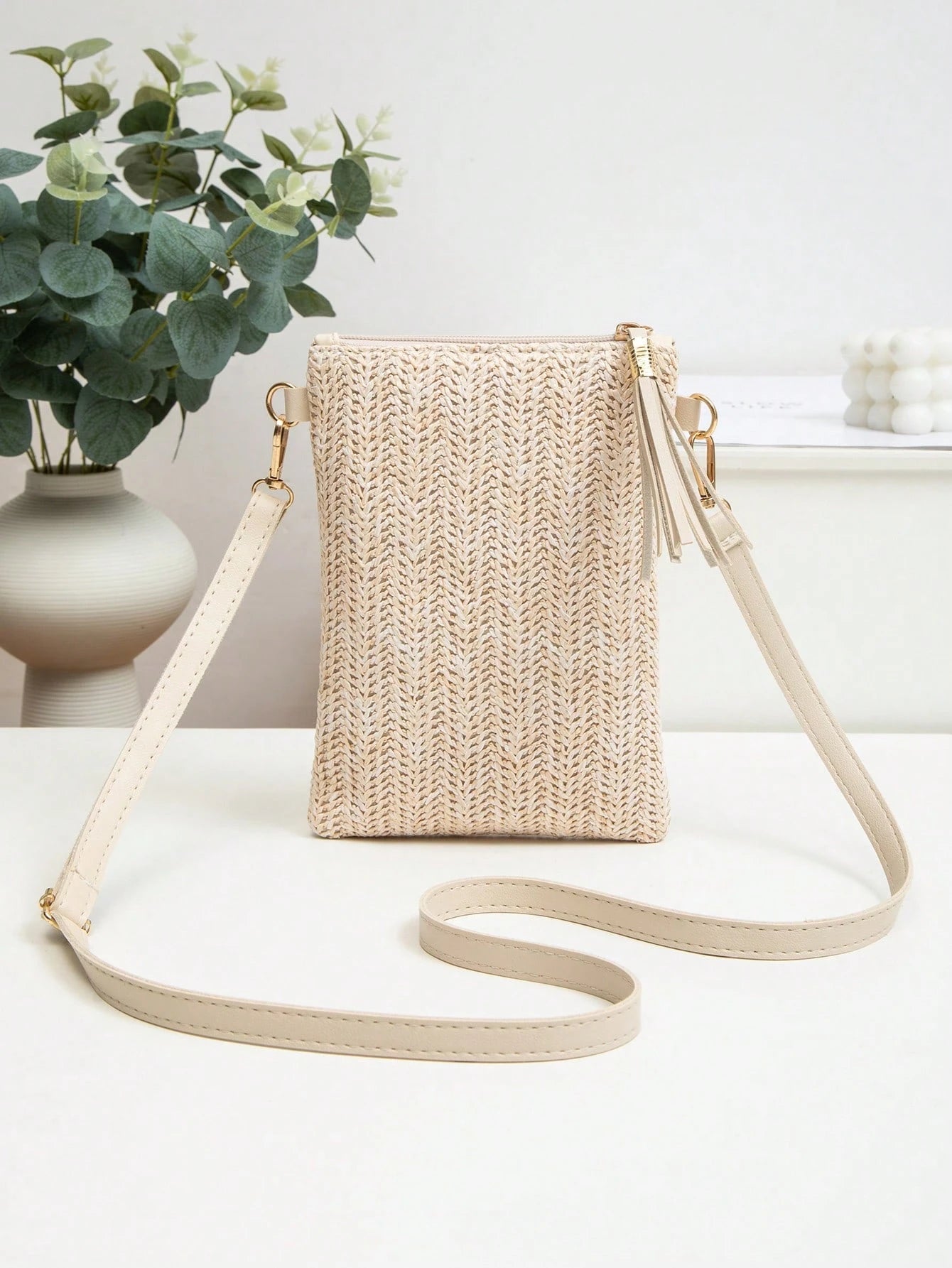 Mini Crossbody Bag For Women, Handwoven Cross-Body Bag, Solid Color Portable Handbag, French Casual Tassel Decor Bag, Large Capacity Multi-Function Zipper Shoulder Strap Bag, Travel Shopping Bag, Dail