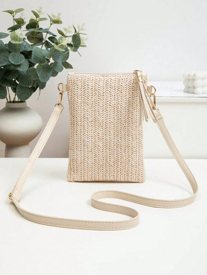 Mini Crossbody Bag For Women, Handwoven Cross-Body Bag, Solid Color Portable Handbag, French Casual Tassel Decor Bag, Large Capacity Multi-Function Zipper Shoulder Strap Bag, Travel Shopping Bag, Dail