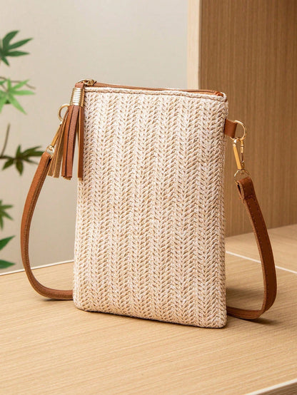 Mini Crossbody Bag For Women, Handwoven Cross-Body Bag, Solid Color Portable Handbag, French Casual Tassel Decor Bag, Large Capacity Multi-Function Zipper Shoulder Strap Bag, Travel Shopping Bag, Dail