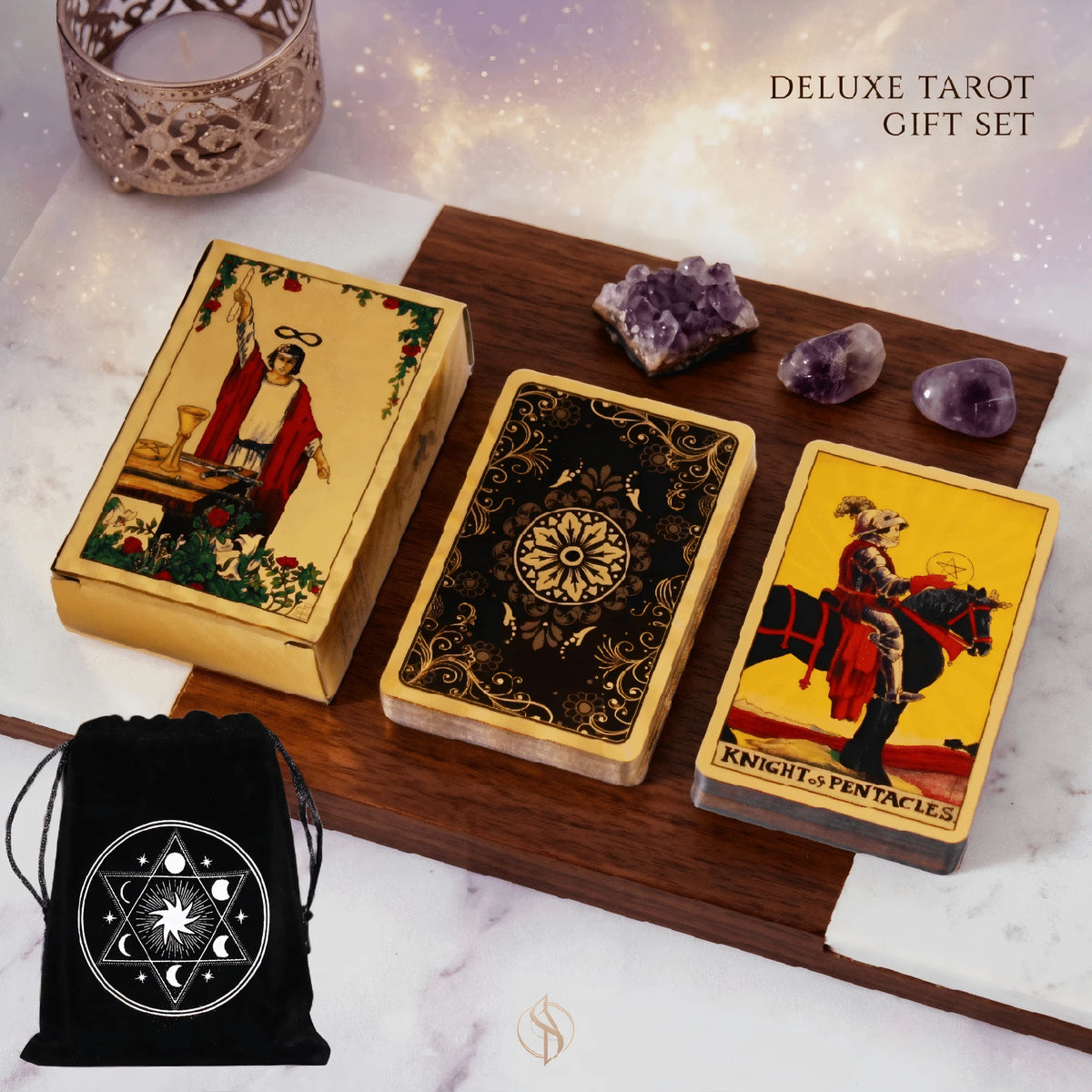 Mini Portable Waite Tarot Cards With Gold Foil Edges, PET Material, Vintage Black & Gold Floral Shield Classic Tarot Card Set, 2.24 X 3.43 Inches, 78-Card Pocket Size Traditional Tarot Deck (Suitable