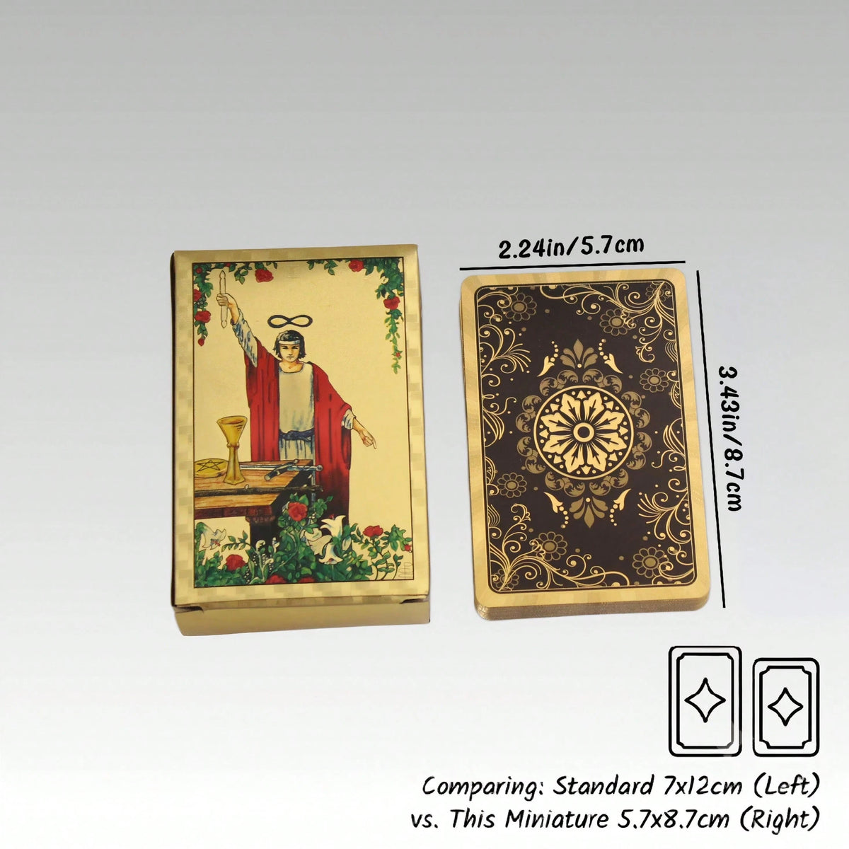 Mini Portable Waite Tarot Cards With Gold Foil Edges, PET Material, Vintage Black & Gold Floral Shield Classic Tarot Card Set, 2.24 X 3.43 Inches, 78-Card Pocket Size Traditional Tarot Deck (Suitable