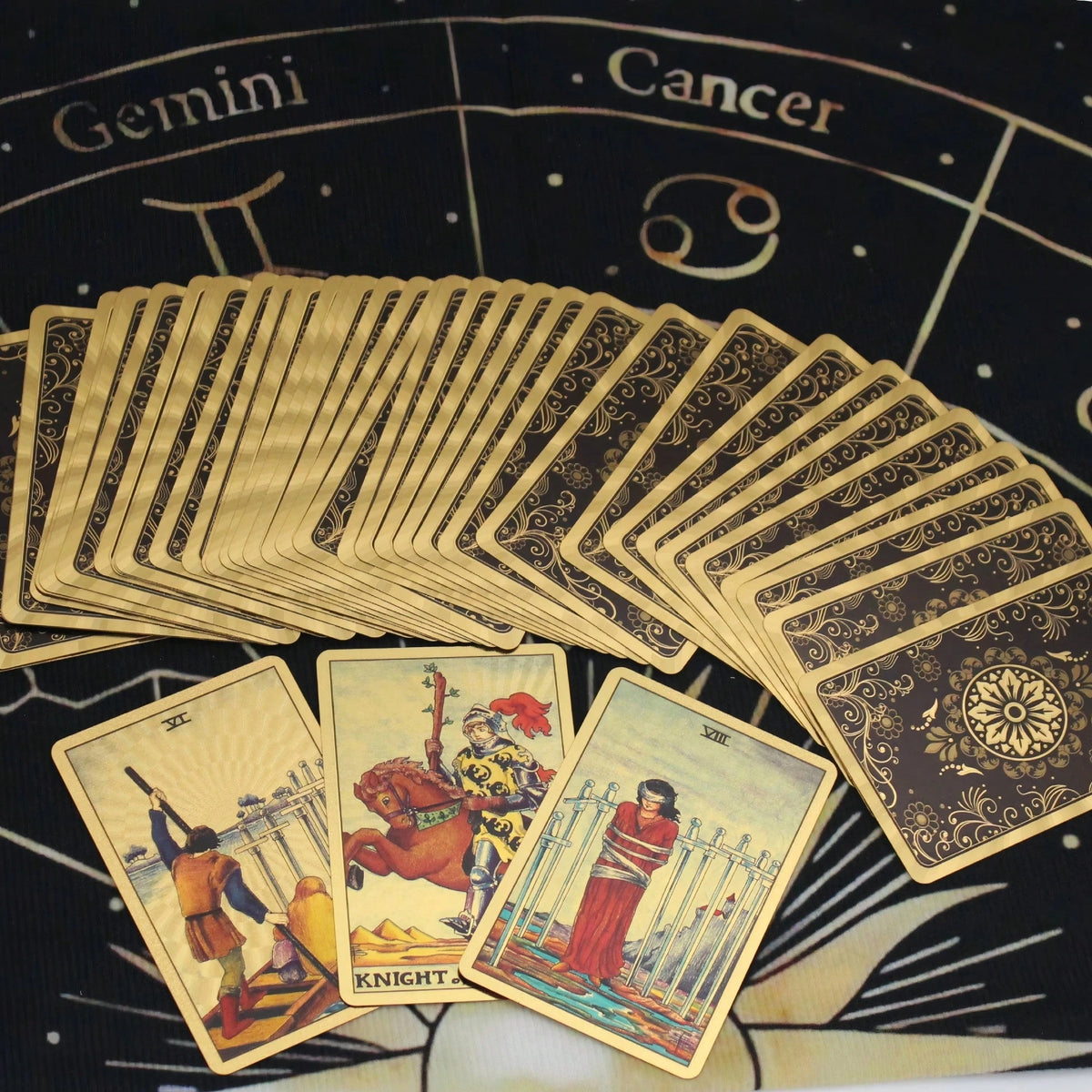 Mini Portable Waite Tarot Cards With Gold Foil Edges, PET Material, Vintage Black & Gold Floral Shield Classic Tarot Card Set, 2.24 X 3.43 Inches, 78-Card Pocket Size Traditional Tarot Deck (Suitable