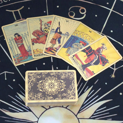 Mini Portable Waite Tarot Cards With Gold Foil Edges, PET Material, Vintage Black & Gold Floral Shield Classic Tarot Card Set, 2.24 X 3.43 Inches, 78-Card Pocket Size Traditional Tarot Deck (Suitable