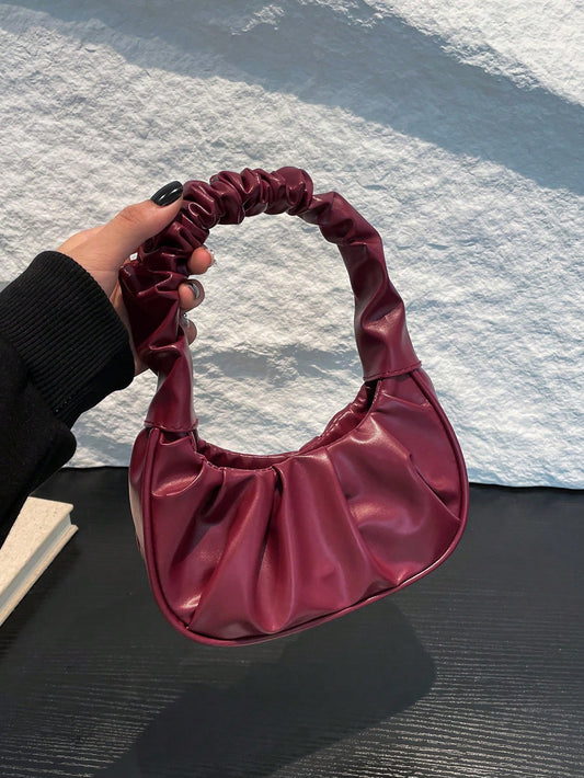 Mini Solid Color Pleated Cloud Shaped Vintage Handbag, Casual Tote Bag For Women, Autumn/Winter