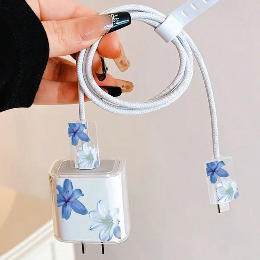 Minimalist Floral Apple Charger Bow Protective Case, Suitable For 20W 15 Charger Cable, 16 Pro Max Phone Data Cable, 13/14 Plus Protective Case, Anti-Bending And Anti-Cat Bite