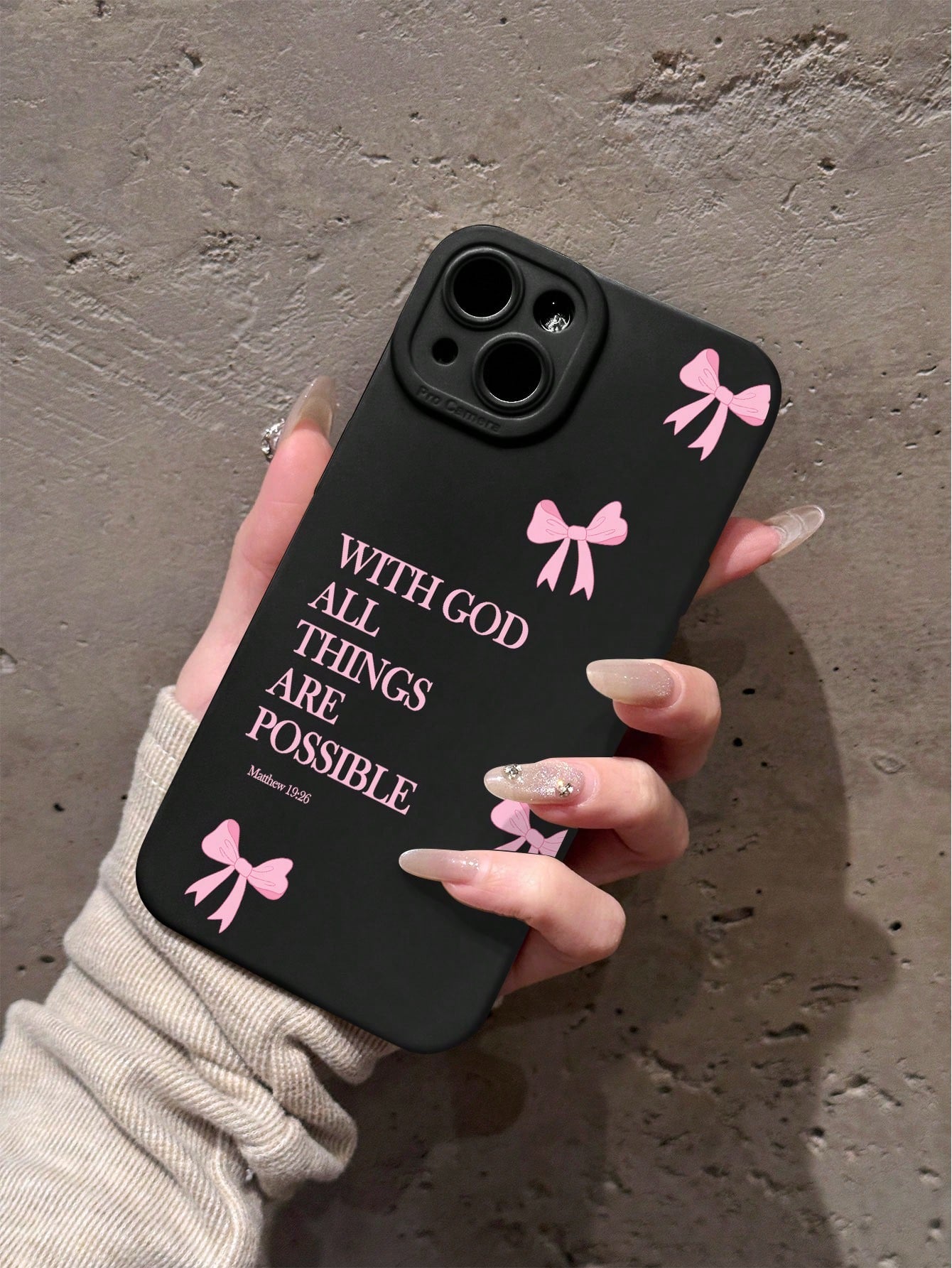 Minimalist Luxury Pink Black Slogan Element Girly Bow With God All Things Are Possible Slogan Cat Eye Fashion Phone Premium Case 1pc Full Coverage Soft Case Compatible With IPhone 11/12/13/14/15/16 Pr