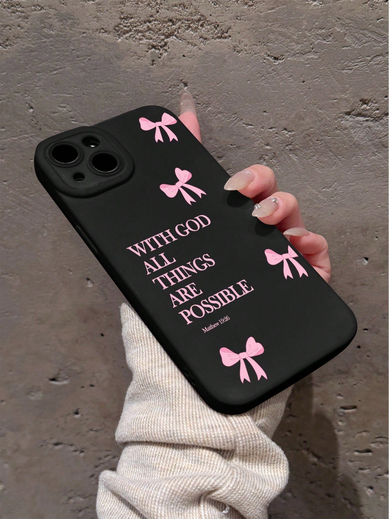 Minimalist Luxury Pink Black Slogan Element Girly Bow With God All Things Are Possible Slogan Cat Eye Fashion Phone Premium Case 1pc Full Coverage Soft Case Compatible With IPhone 11/12/13/14/15/16 Pr