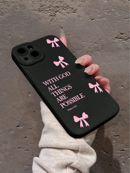 Minimalist Luxury Pink Black Slogan Element Girly Bow With God All Things Are Possible Slogan Cat Eye Fashion Phone Premium Case 1pc Full Coverage Soft Case Compatible With IPhone 11/12/13/14/15/16 Pr
