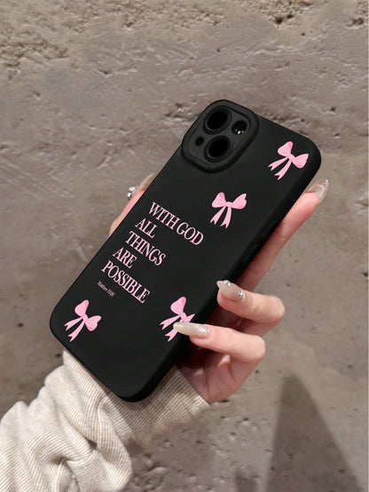 Minimalist Luxury Pink Black Slogan Element Girly Bow With God All Things Are Possible Slogan Cat Eye Fashion Phone Premium Case 1pc Full Coverage Soft Case Compatible With IPhone 11/12/13/14/15/16 Pr