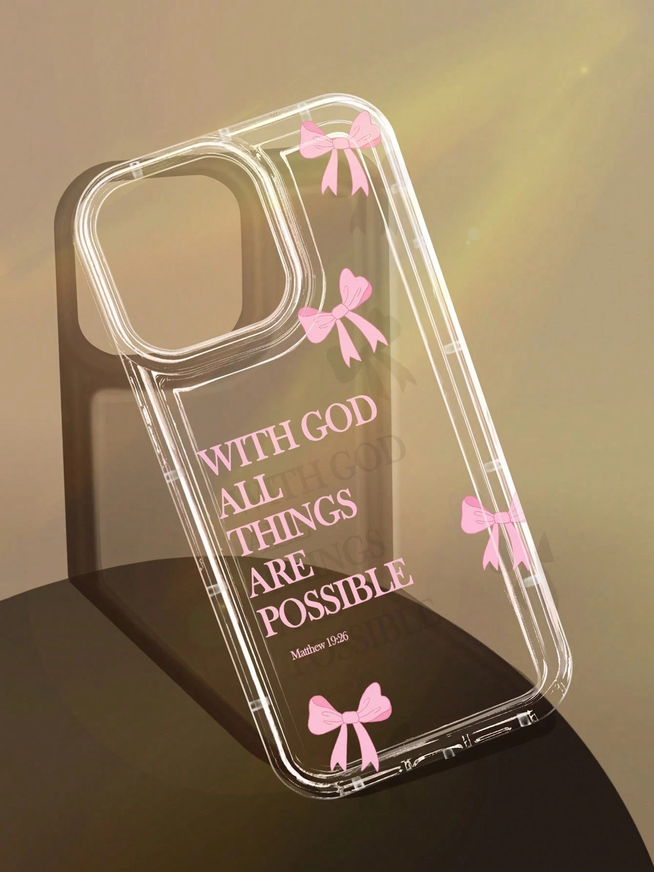 Minimalist Luxury Pink Black Slogan Element Girly Bow With God All Things Are Possible Slogan Cat Eye Fashion Phone Premium Case 1pc Full Coverage Soft Case Compatible With IPhone 11/12/13/14/15/16 Pr