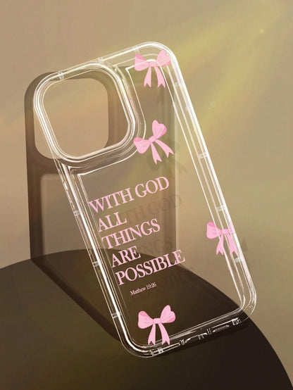Minimalist Luxury Pink Black Slogan Element Girly Bow With God All Things Are Possible Slogan Cat Eye Fashion Phone Premium Case 1pc Full Coverage Soft Case Compatible With IPhone 11/12/13/14/15/16 Pr