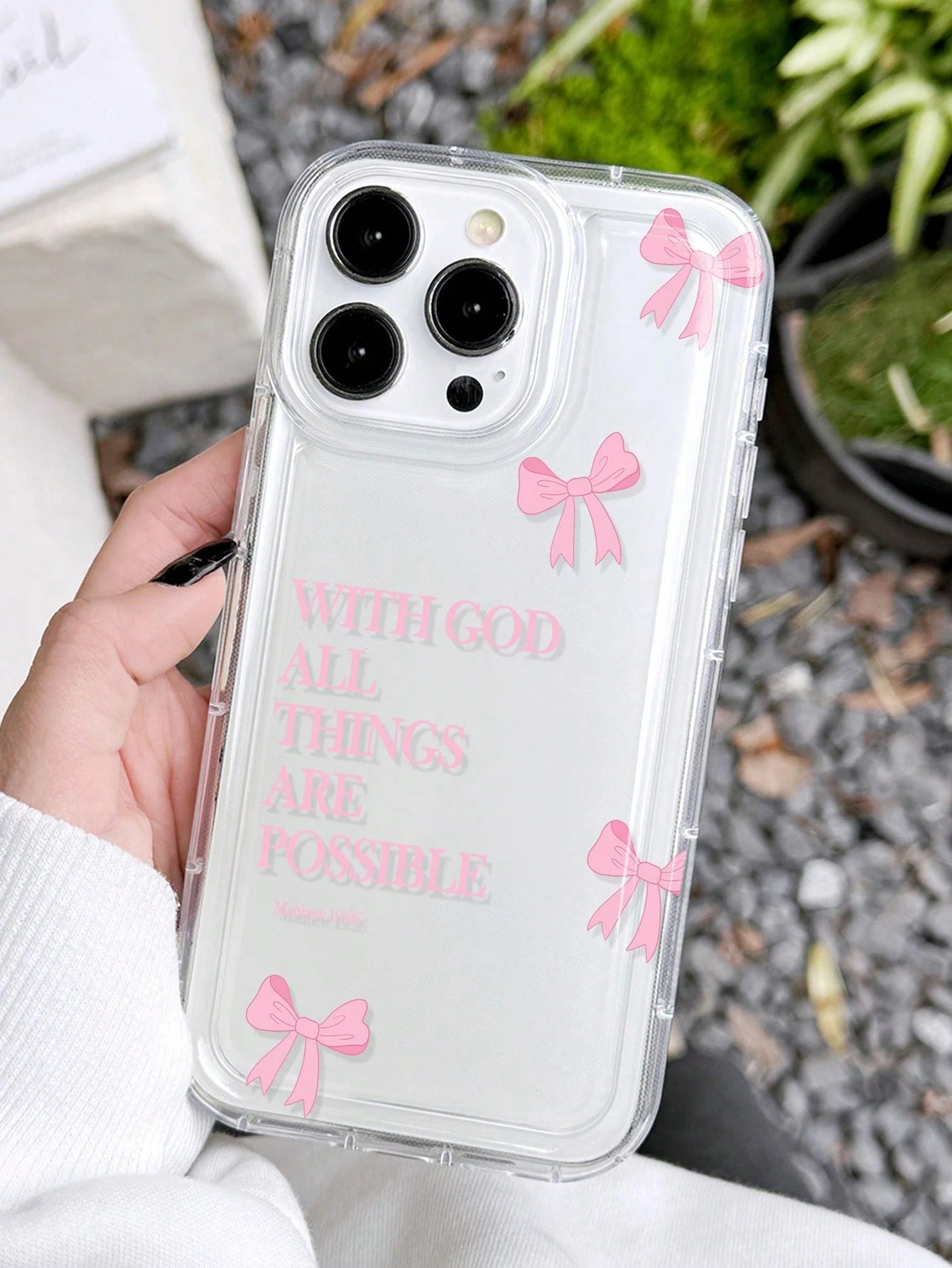 Minimalist Luxury Pink Black Slogan Element Girly Bow With God All Things Are Possible Slogan Cat Eye Fashion Phone Premium Case 1pc Full Coverage Soft Case Compatible With IPhone 11/12/13/14/15/16 Pr