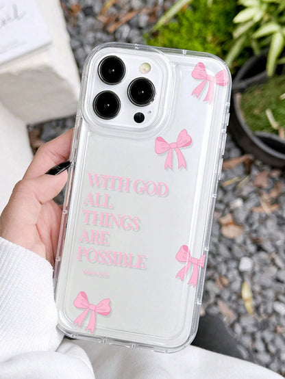 Minimalist Luxury Pink Black Slogan Element Girly Bow With God All Things Are Possible Slogan Cat Eye Fashion Phone Premium Case 1pc Full Coverage Soft Case Compatible With IPhone 11/12/13/14/15/16 Pr