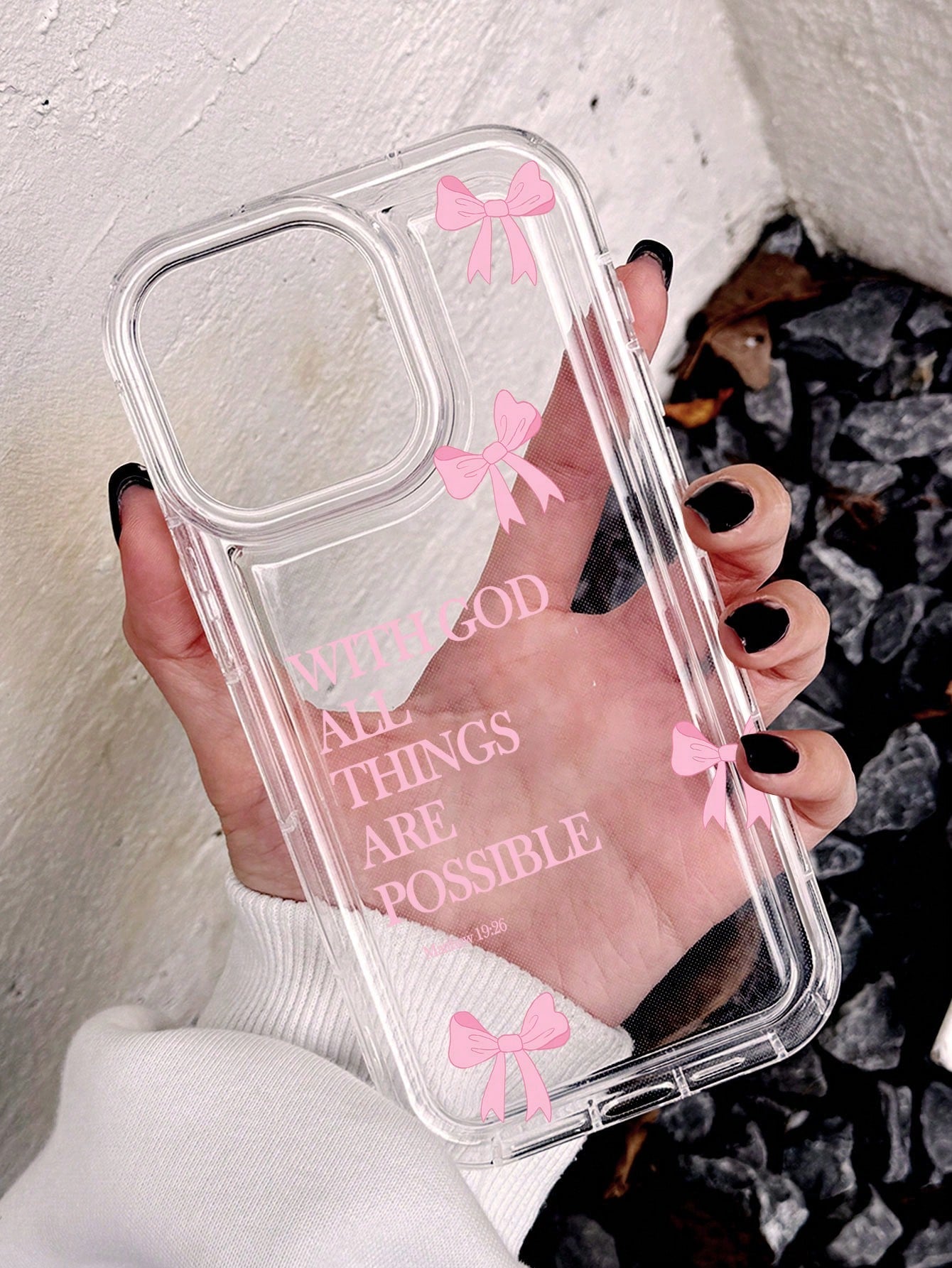 Minimalist Luxury Pink Black Slogan Element Girly Bow With God All Things Are Possible Slogan Cat Eye Fashion Phone Premium Case 1pc Full Coverage Soft Case Compatible With IPhone 11/12/13/14/15/16 Pr